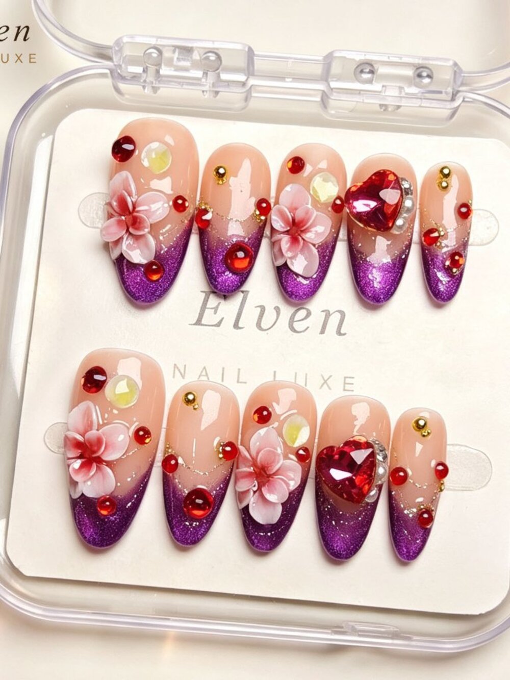 Gorgeous medium almond press on nails with 3D flowers & red heart gems Romantic